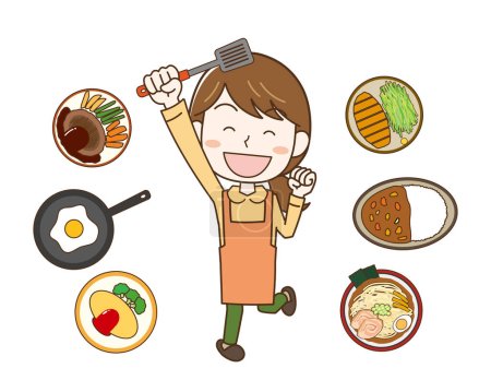 Téléchargez les illustrations : Illustration d'une femme portant un tablier et divers aliments - en licence libre de droit