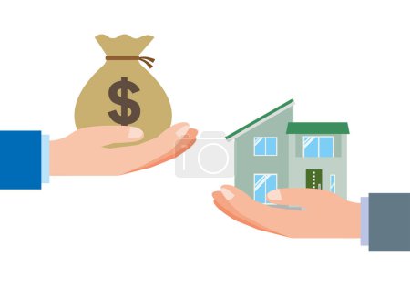 Illustration for Illustration of house sale and payment delivery transaction - Royalty Free Image