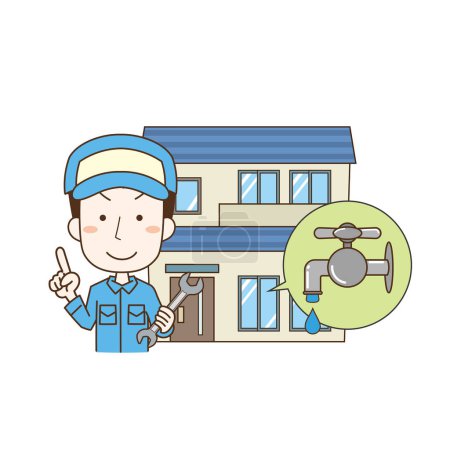 Illustration for A male worker responds to a water leak problem in a house. - Royalty Free Image