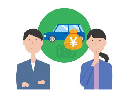 Illustration for A couple thinking about buying a car - Royalty Free Image