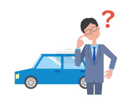Illustration for A man with questions about cars and a blue car - Royalty Free Image