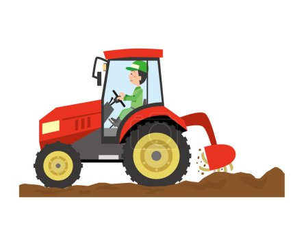 Téléchargez les illustrations : Un homme labourant un champ avec un tracteur - en licence libre de droit