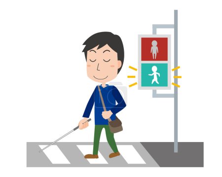 Ilustración de Persona con discapacidad visual que cruza el paso de peatones - Imagen libre de derechos