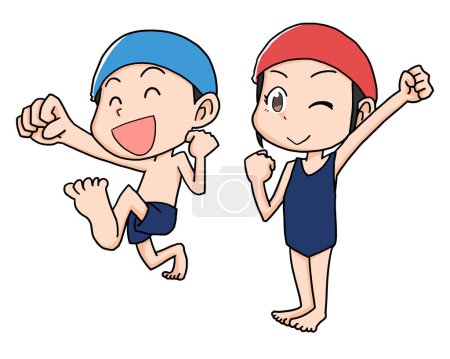 Energetische männliche und weibliche Kinder bereiten sich auf das Schwimmen in Badeanzügen vor