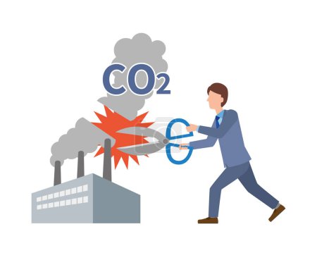 Téléchargez les illustrations : Un homme qui réduit les émissions de dioxyde de carbone des usines - en licence libre de droit