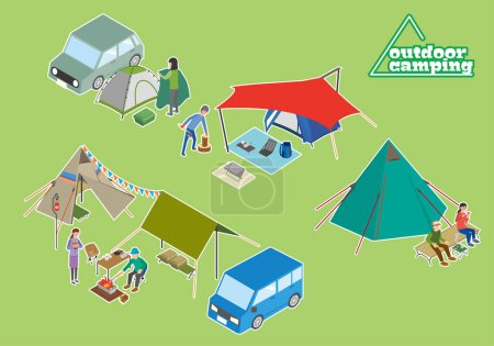Ilustración de Ilustraciones de personas disfrutando de camping al aire libre - Imagen libre de derechos