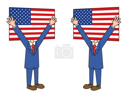 Ilustración de Personaje de bandera americana regocijándose con ambas manos levantadas - Imagen libre de derechos