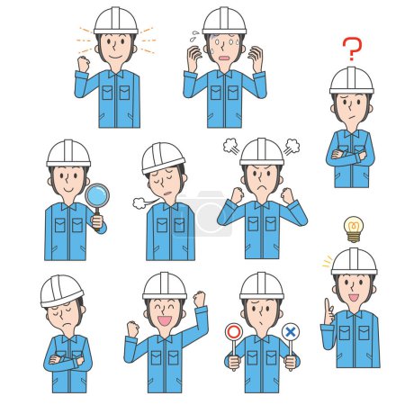 Téléchargez les illustrations : Ensemble de pose d'expression faciale d'un travailleur portant un casque jaune - en licence libre de droit