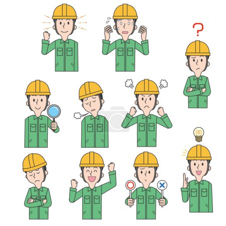 Téléchargez les illustrations : Ensemble de pose d'expression faciale d'un travailleur portant un casque jaune - en licence libre de droit