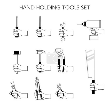 Ilustración de Juego de ilustraciones de las manos sosteniendo herramientas - Imagen libre de derechos