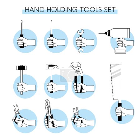 Ilustración de Juego de ilustraciones de las manos sosteniendo herramientas - Imagen libre de derechos