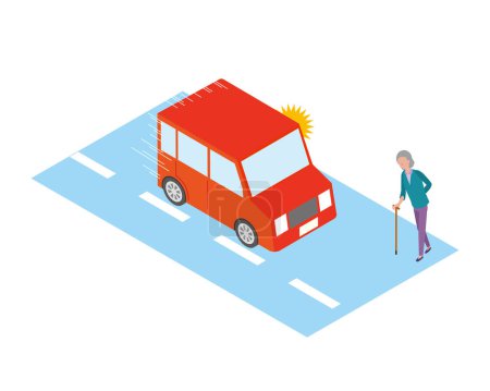 Illustration for An elderly woman crossing the road and a car running - Royalty Free Image