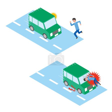 Ilustración de Colisión entre un hombre y un coche saltando a la carretera y cruzando - Imagen libre de derechos