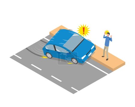 Illustration for Illustration of a traffic accident that ends up on the sidewalk due to a driving mistake - Royalty Free Image