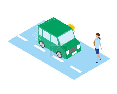 Illustration for A woman crossing the road and a car running - Royalty Free Image