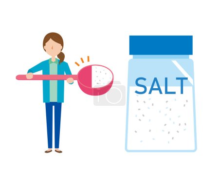 Illustration for A woman with salt reduced with a measuring spoon and a salt-reduced image of a bottle containing salt - Royalty Free Image