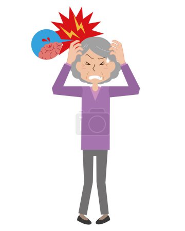 Téléchargez les illustrations : Femme âgée avec un fort mal de tête dû à un trouble cérébral - en licence libre de droit