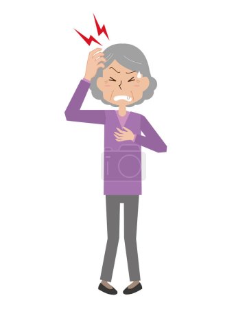 Ilustración de Una anciana que sufre de un fuerte dolor de cabeza - Imagen libre de derechos