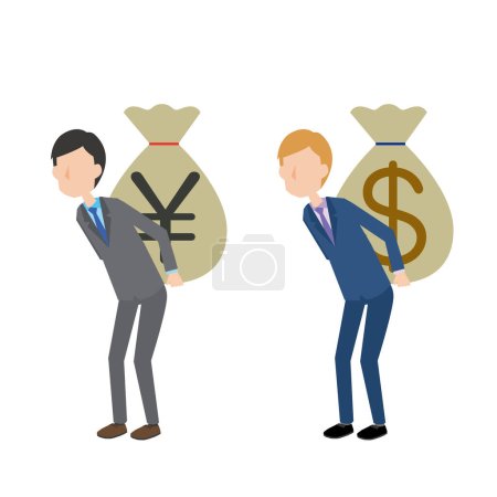 Téléchargez les illustrations : Illustration d'un homme portant le yen japonais et le dollar américain - en licence libre de droit