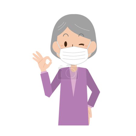 Téléchargez les illustrations : Une vieille femme portant un masque et donnant un signe correct - en licence libre de droit