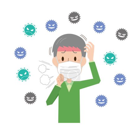 Téléchargez les illustrations : Un vieil homme portant un masque à cause d'un rhume causé par un virus - en licence libre de droit