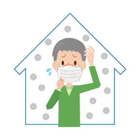 Illustration for An old man wearing a mask who is worried about house dust - Royalty Free Image