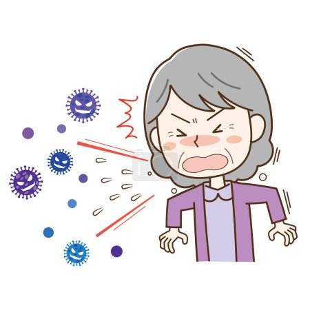Illustration for Elderly woman sneezing to fly droplets and viruses - Royalty Free Image