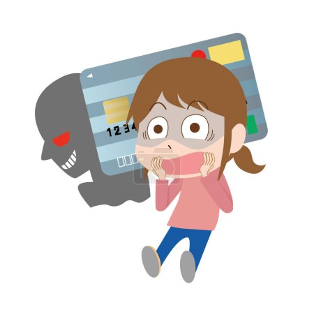 Téléchargez les illustrations : Une femme surprise par la fraude par carte de crédit - en licence libre de droit