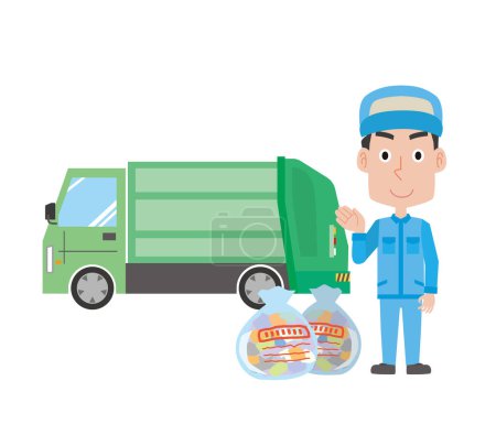 Téléchargez les illustrations : Camion à ordures et travailleur masculin - en licence libre de droit