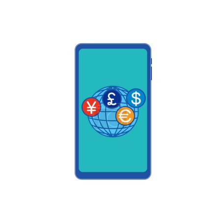 Téléchargez les illustrations : Illustration d'une remise d'argent à l'étranger avec un smartphone - en licence libre de droit