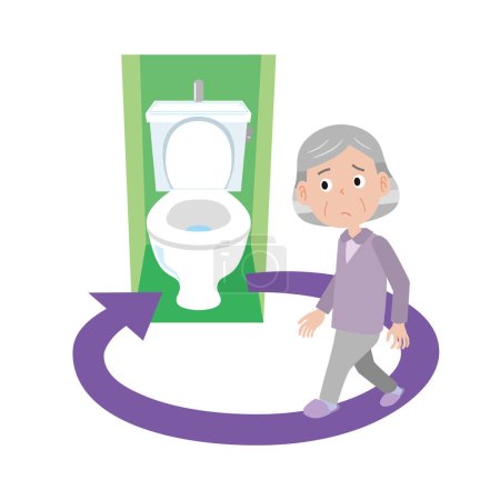 Ilustración de Mujer mayor con micción frecuente que va al baño muchas veces - Imagen libre de derechos