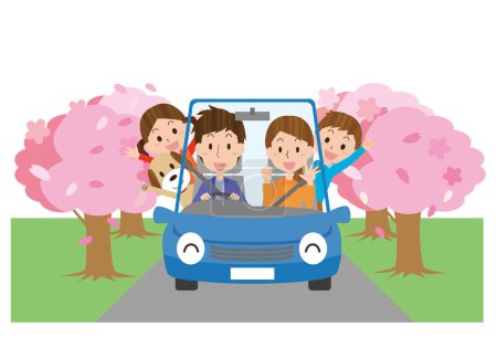 Ilustración de conducir en familia en primavera