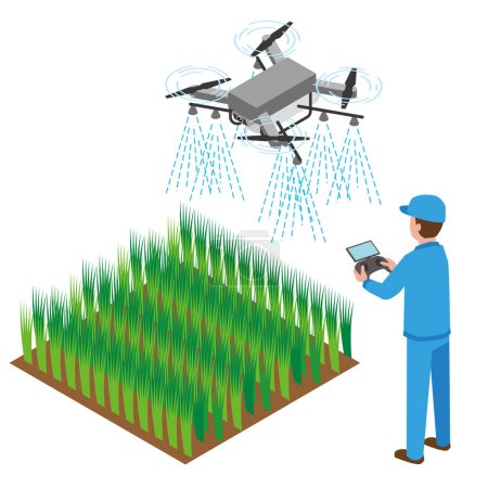 Téléchargez les illustrations : Illustration d'un travailleur pulvérisant des pesticides avec un drone - en licence libre de droit