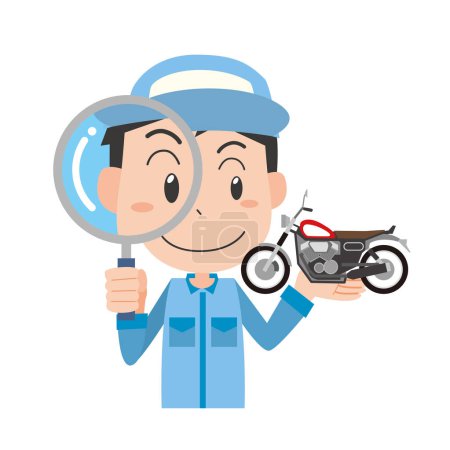 Illustration for Illustration of a man buying and checking a motorcycle - Royalty Free Image
