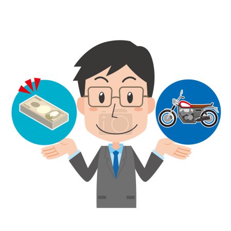 Illustration for A man assessing the purchase of a motorcycle - Royalty Free Image