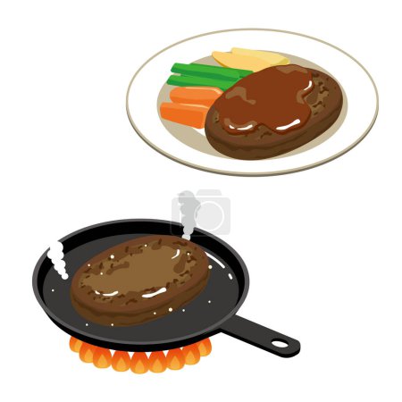 Téléchargez les illustrations : Steak de hamburger cuit dans une poêle - en licence libre de droit
