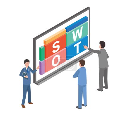 Illustration for Office workers discussing the SWOT analysis of the framework - Royalty Free Image