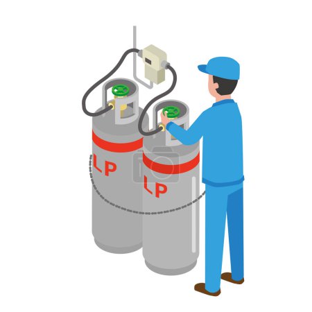Illustration for Workers installing propane gas cylinders - Royalty Free Image