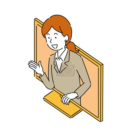 Illustration for A woman who jumps out of the monitor and explains politely - Royalty Free Image