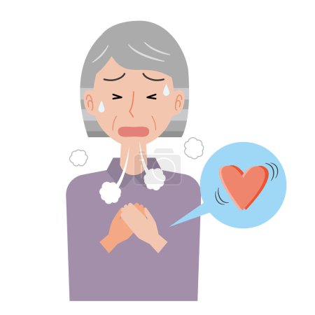 Ilustración de Mujer anciana con aumento de la frecuencia cardíaca y dificultad para respirar - Imagen libre de derechos