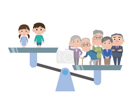 Illustration of a declining birthrate and aging population with elderly people and children on a scale