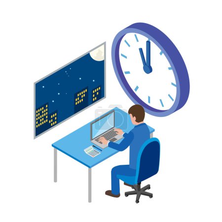 Illustration for Male office worker working overtime - Royalty Free Image
