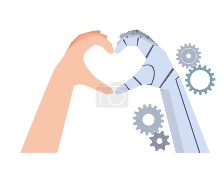 Téléchargez les illustrations : Illustration d'un robot et d'une personne faisant une forme de cœur avec leurs doigts - en licence libre de droit