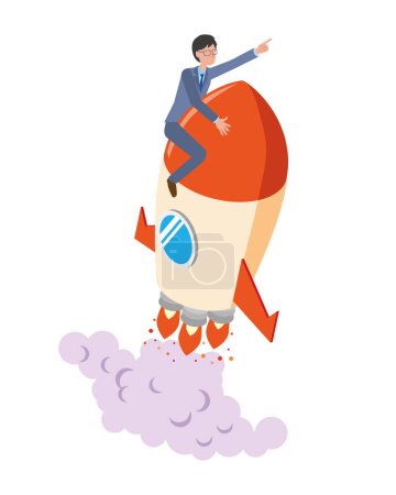 Téléchargez les illustrations : Un employé de bureau masculin qui décolle sur une fusée - en licence libre de droit