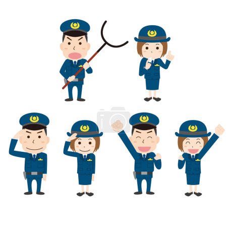 Illustrationsset von männlichen Polizeibeamten und weiblichen Polizeibeamten