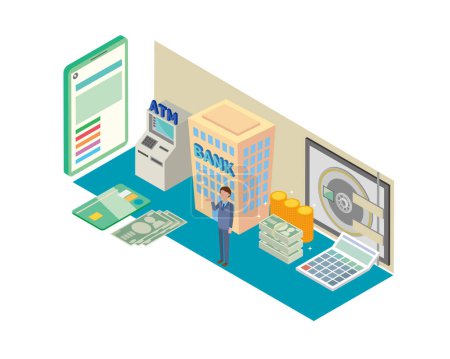 Isometric illustration with the image of a bank