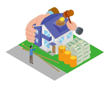 Isometric illustration of a man losing a house at auction