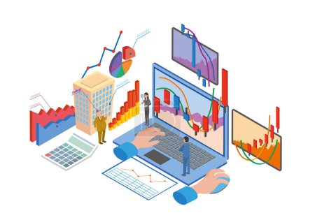 Isometric illustration of stock trading and company analysis