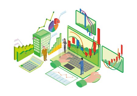 Isometric illustration of stock trading and company analysis