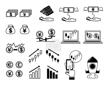 Forex and stock trading monochrome icon illustration set